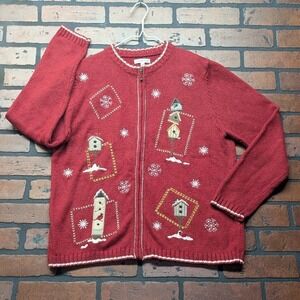 Brick Red Winter Bird Snowflake Full‎ Zip Knit Sweater Croft & Barrow Women's M